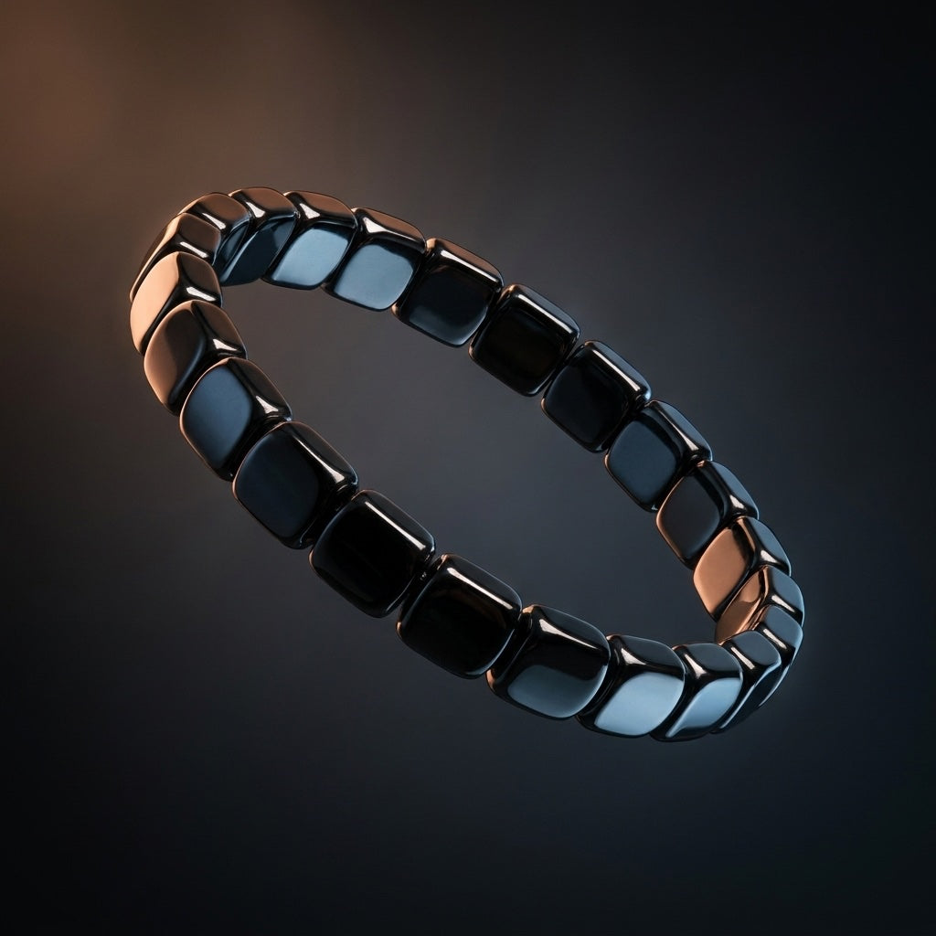 Detalle macro de eslabon pulido de hematita Pulsera Helix