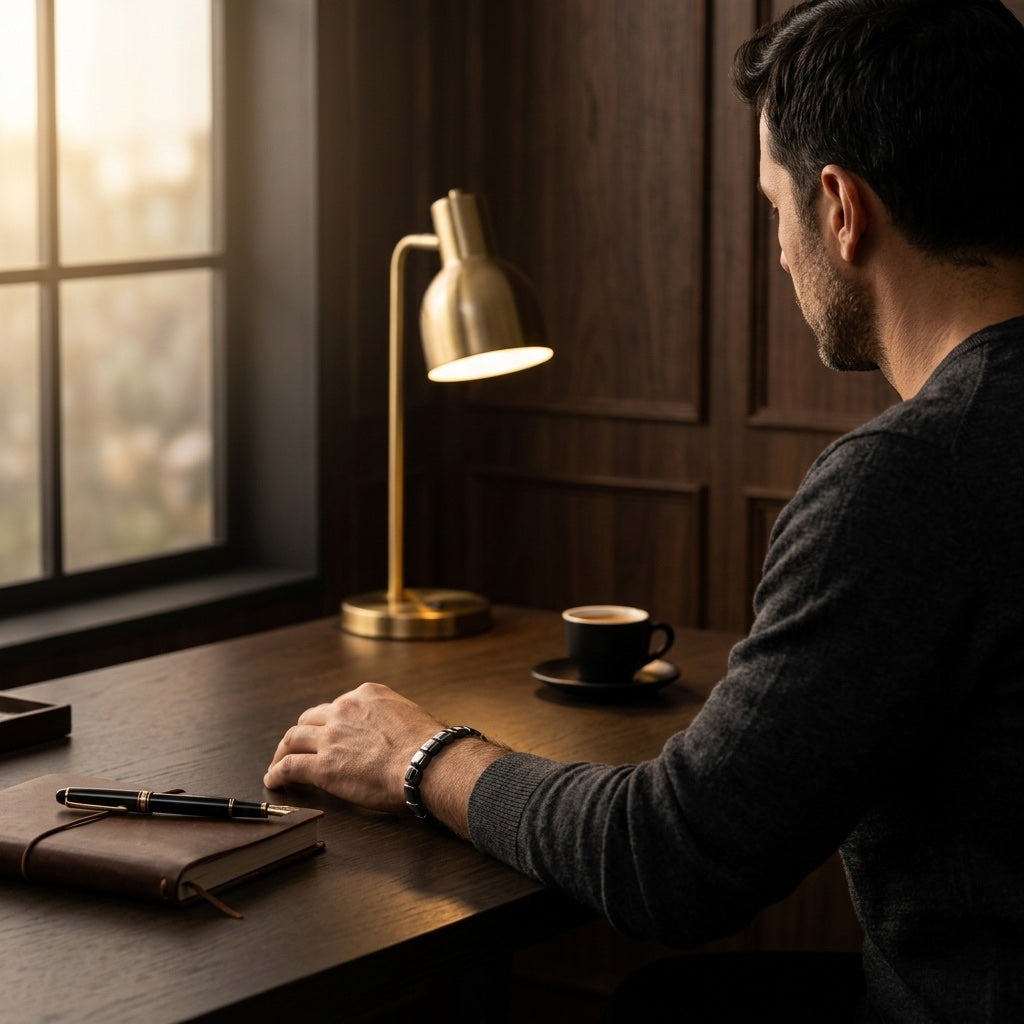 Hombre en oficina dark luxury con Pulsera Helix, golden hour