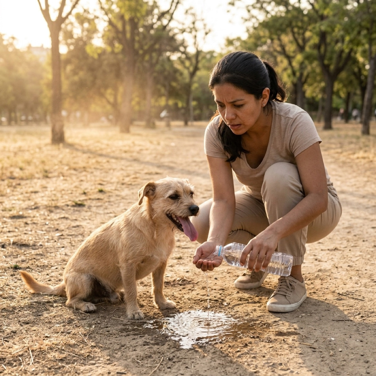 Perro sediento bebiendo agua sucia de un charco en el parque