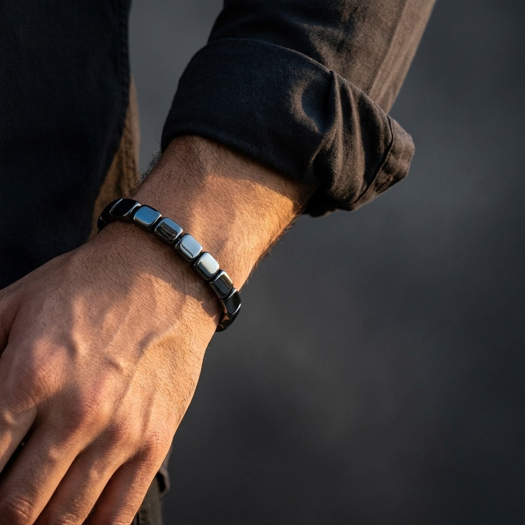 Pulsera Helix Smartdrop — hombre con pulsera de hematita, golden hour editorial