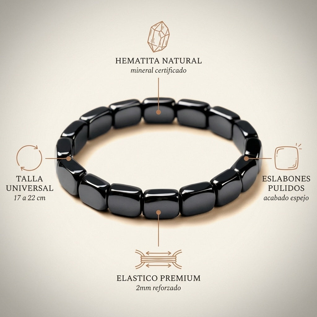 Cuatro atributos de la Pulsera Helix: hematita natural, eslabones pulidos, elastico premium, talla universal