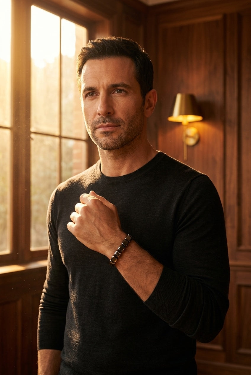 Mismo hombre con presencia y ritual matutino, golden hour, Pulsera Helix visible