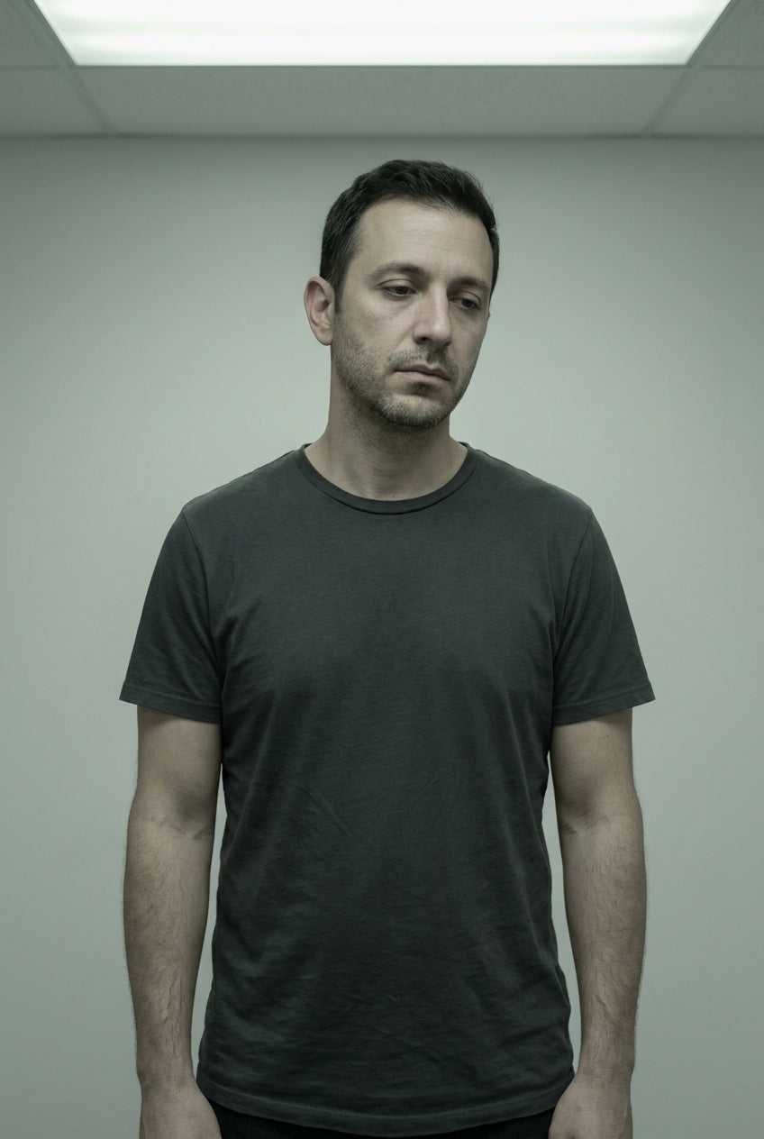 Hombre cansado sin presencia, ambiente gris sin caracter