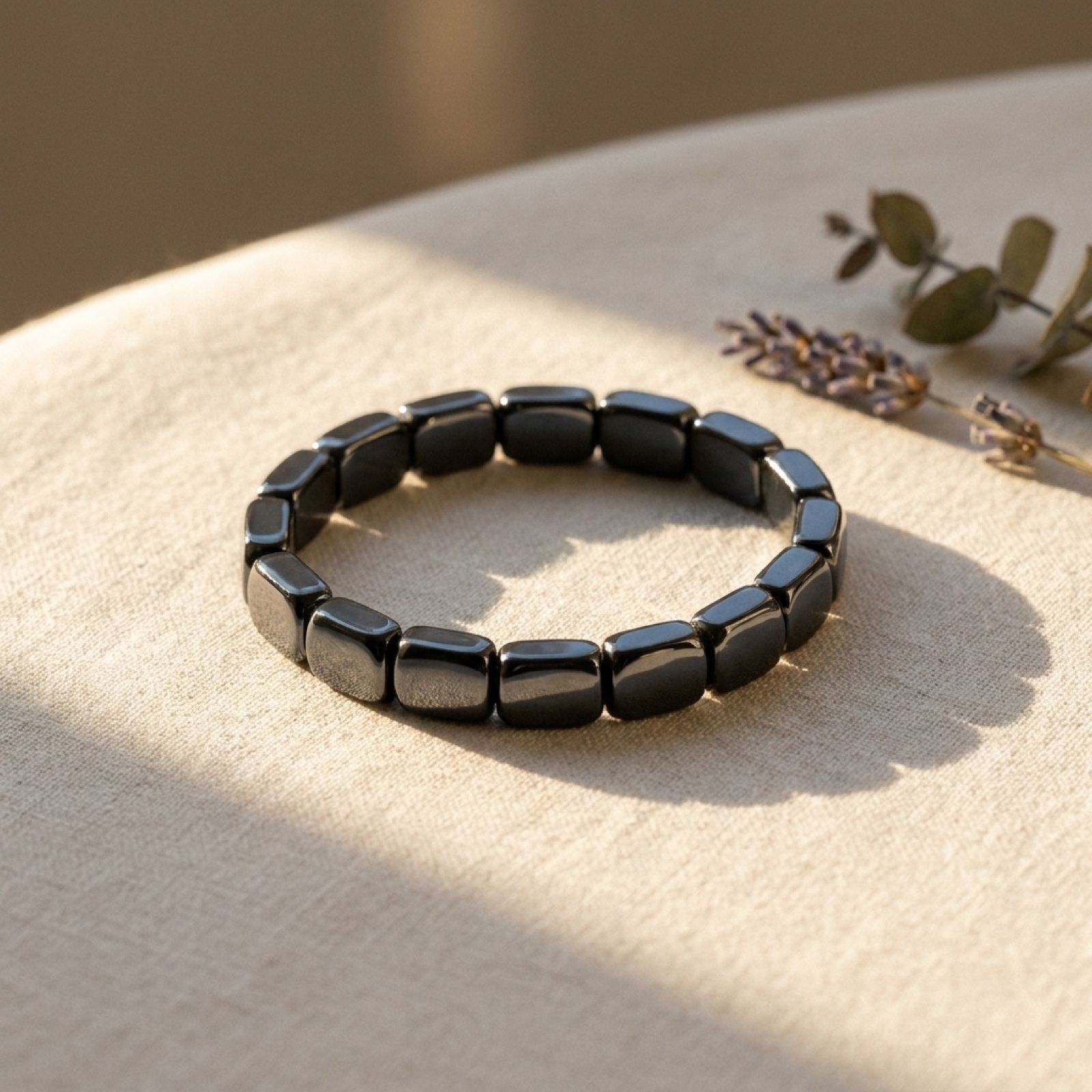 Pulsera Hematita Smartdrop — vista editorial sobre lino crema con eucalipto