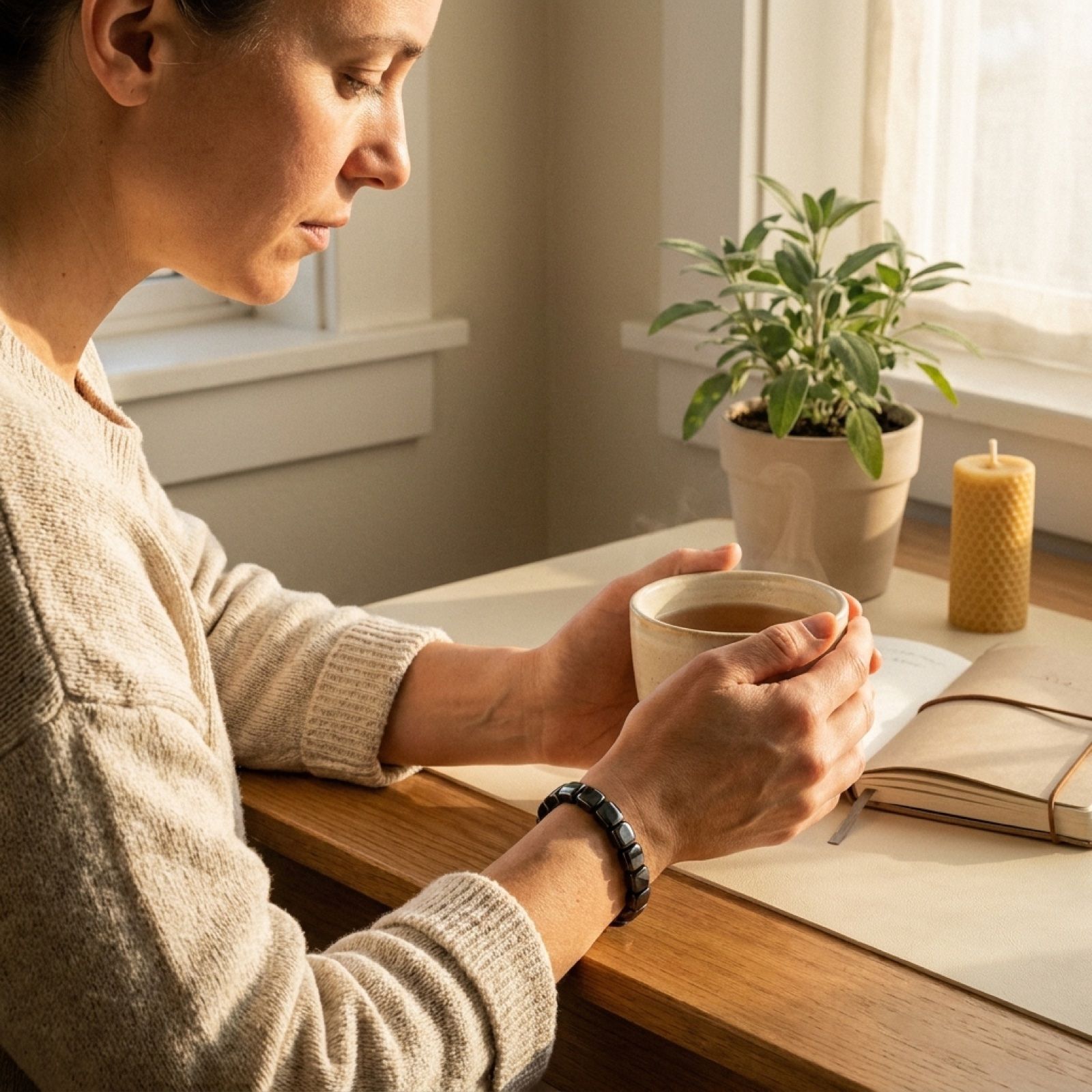 Mujer en momento de centrado matinal con Pulsera Hematita
